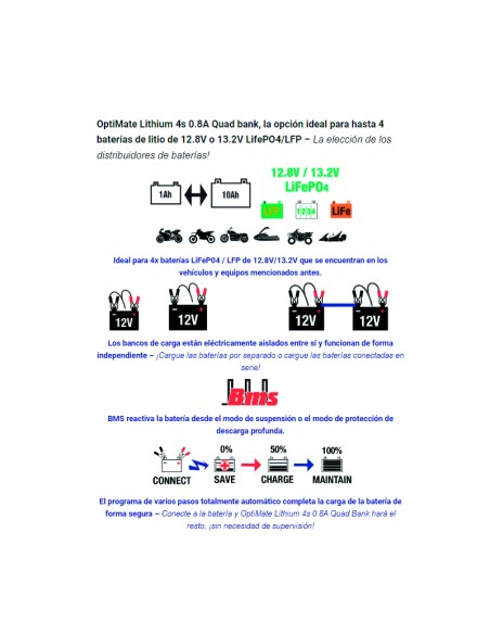 Cargador/Mantenedor de baterías Optimate Lithium 4S 4 X 0,8A TM-484