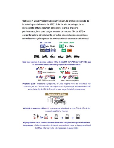 Cargador/Mantenedor baterías Optimate 4 Quad Program Premium TM630-PR 