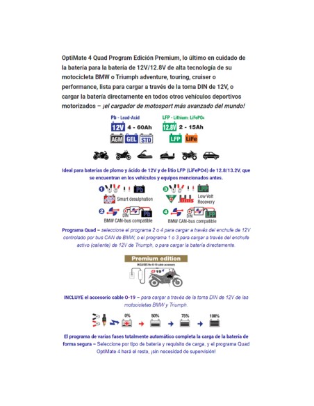 Cargador/Mantenedor baterías Optimate 4 Quad Program Premium TM630-PR 